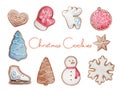 Set of 10 christmas cute watercolor winter cookies