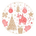 A set of Christmas decorations from ornate elements: bull, Christmas tree, Christmas balls, bell, star, gift, bow, mitten,