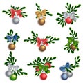 Set of Christmas decorations with spruce branch, garland, pine twig, balls, bows and ribbons. New Year collection Royalty Free Stock Photo