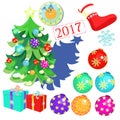 Set of Christmas decorations, toys, balls, Christmas tree, clock