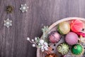 Set of Christmas decorations in wooden tray on grunge background. Holiday concept. Flat lay, top view Royalty Free Stock Photo