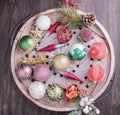 Set of Christmas decorations in wooden tray on grunge background. Holiday concept. Flat lay, top view Royalty Free Stock Photo