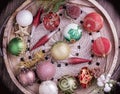 Set of Christmas decorations in wooden tray on grunge background. Holiday concept. Flat lay, top view Royalty Free Stock Photo