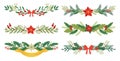Set Of Christmas Decorative Borders, Enchanting Fir Tree Garlands Of Mistletoe Or Poinsettia Branches, Ribbons And Bows Royalty Free Stock Photo