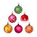 Set of Christmas decorative elements, multicolored balls. Separate elements on a white background. Watercolor hand illustration.