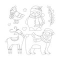 Set of Christmas deer, bear, bird, snowman in a scarf and hat with a sprig of mistletoe and berries