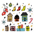 Set of Christmas design doodle elements. Vector hand drawn . Isolated objects. Gloves, houses, snowflakes, gifts, socks Royalty Free Stock Photo