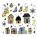 Set of Christmas design doodle elements. Vector hand drawn . Isolated objects. Gloves, houses, snowflakes, gifts, socks Royalty Free Stock Photo