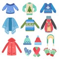 Set of christmas design warm winter clothes. Scarf, winter hat, coat and hats, jacket and gloves. Winter fashion vector