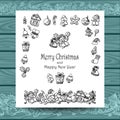 Set Christmas doodle elements on white with blue wood Royalty Free Stock Photo