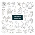 Set of Christmas doodle in flat style. Hand drawn vector illustration with outline. Red christmas, festive gift box, celebration. Royalty Free Stock Photo