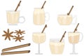Set of Christmas drink egg nog. Glasses winter drink of egg-nog with a cinnamon stick. Egg Nog isolated on white background. Royalty Free Stock Photo