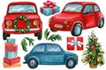 Set Christmas elements. Christmas tree, car and gifts watercolor hand drawing on a white background. Royalty Free Stock Photo