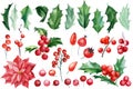 Set of Christmas elements, holly berries, leaves and branches on a white background, watercolor botanical illustration Royalty Free Stock Photo