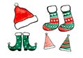 Set of Christmas elements isolated on white background. Santa and elves hat, elf boots and socks for gifts.