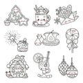 Set of christmas elements in kawaii doodle style vector Royalty Free Stock Photo