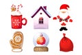 Set of Christmas elements. Merry Christmas and Happy New Year. Santa Claus, winter house, snow globe, hot chocolate. Royalty Free Stock Photo