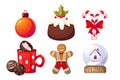 Set of Christmas elements. Merry Christmas and Happy New Year. Christmas pudding, chocolate bombs, snow globe, cocoa.