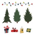 Set of Christmas elements in trendy flat style. Christmas trees,  gift boxes and garland. Vector illustration for banner, poster, Royalty Free Stock Photo