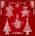 Set Christmas elements in Zen-doodle style white on grunge red background Royalty Free Stock Photo