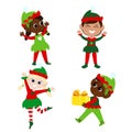 Set Christmas elves. Christmas collection multicultural boys and girls in traditional elf costumes. They dance, smile. Royalty Free Stock Photo