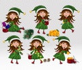 Set of Christmas elves with gift present. Christmas elements pine cone, present, orange, fir branches, magic garland Royalty Free Stock Photo