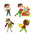 Set Christmas elves. Multicultural boys and girls in traditional elf costumes. Elves are depicted with sledges.