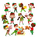 Set Christmas elves. Multicultural boys and girls in traditional elf costumes. Santa\'s helpers are happy. Royalty Free Stock Photo