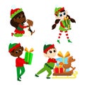 Set Christmas elves. Multicultural boys and girls in traditional elf costumes. Santa\'s helpers are happy. Royalty Free Stock Photo