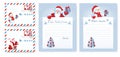 Set Christmas Envelope template. Layout letter to Santa Claus with cartoon Santa and funny Snowman with Christmas gift box. Set