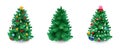 Set of Christmas evergreen trees. Spruce, pine or fir without decorations and two with holiday ornaments.