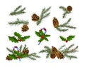 Set of Christmas Festive Decor with Fir-Tree Branches and Pine Cones with Candy Canes and Holly Berry and Leaves Element Royalty Free Stock Photo