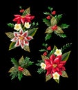 Set of Christmas flowers bouquets with golden elements. Vector.