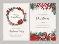 Set of Christmas flyer or party invitation templates decorated with coniferous tree branches and cones, holly leaves and Royalty Free Stock Photo