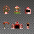 Set of christmas funfair elements. isolated carousel, stall, ferris wheel, signboard, circus and tickets booth. christmas luna par