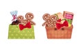 Set of Christmas gift baskets with tasty desserts and gingerbreads vector illustration