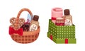 Set of Christmas gift baskets with tasty desserts vector illustration