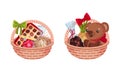 Set of Christmas gift baskets with tasty sweets and teddy bear toy vector illustration