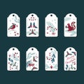 Christmas gift tag set. Winter flora and animals. Vector illustration