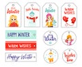 Set of Christmas gift tags with kids, winter paraphernalia and warm wishes. Holiday gift labels for New Year.