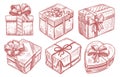Set of Christmas gifts, holiday gift boxes with ribbons, New Year presents. Vintage sketch vector illustration Royalty Free Stock Photo