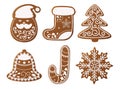 Set of christmas gingerbread decorated cookies. Christmas tree, snowflakes, gifts. Winter holidays