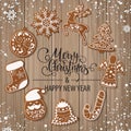 Set of christmas gingerbread decorated cookies. Christmas tree, snowflakes, gifts. Winter holidays.