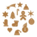 Set of Christmas gingerbread - sock, snowflake, snowman, gingerbread man, hat, heart, Christmas tree. Vector stock