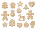 Set of Christmas gingerbread. sweet cookies in the form of a man, at home, snowman, heart and other items. delicious baking for th