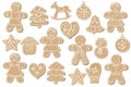 Set of Christmas gingerbread. sweet cookies in the form of a man, at home, snowman, heart and other items. delicious baking for