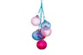 set of Christmas glass blue, pink, magenta balls toys, decorate, blue ribbon on white background isolated with clipping path. Royalty Free Stock Photo