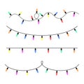 Set of Christmas glowing garlands. Colorful glow light bulbs on wire strings. Xmas lights decoration. Isolated on white