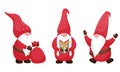 A set of Christmas gnomes in a red suit and a hat. Holding a gift, a bag of gifts, jumping for joy. A collection of cute cartoon Royalty Free Stock Photo