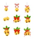 Set of Christmas golden bells with holly berries, holly leaves and a red bow on a white background Royalty Free Stock Photo